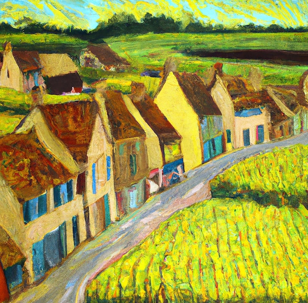 Pintura a óleo de uma aldeia com estilo Vang Gogh