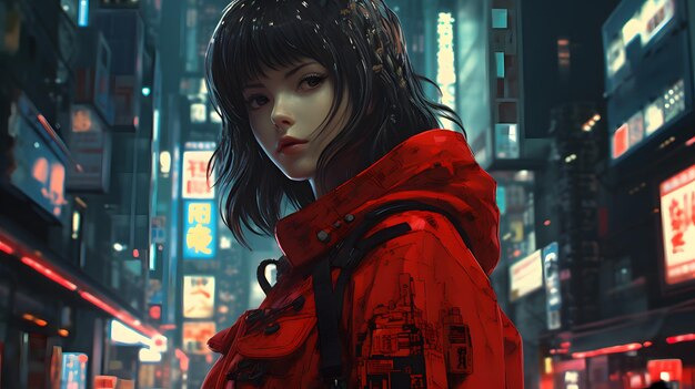 Pintura a óleo de uma garota de anime cyberpunk