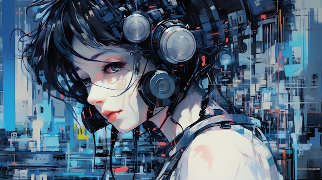 Pintura a óleo de uma garota de anime cyberpunk