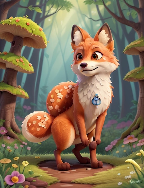 pintura a óleo de uma raposa fofa em uma bela floresta com fungos e flores imagem centrada em close ul