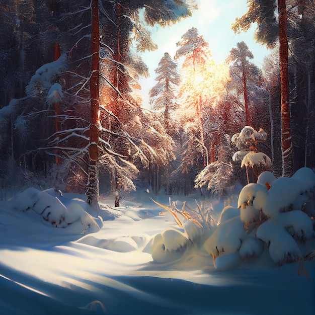 Pintura a óleo digital do solstício de inverno na floresta de neve isolada após a queda de neve Cenário de inverno lindamente natural árvores de nevasca neve Generative AI