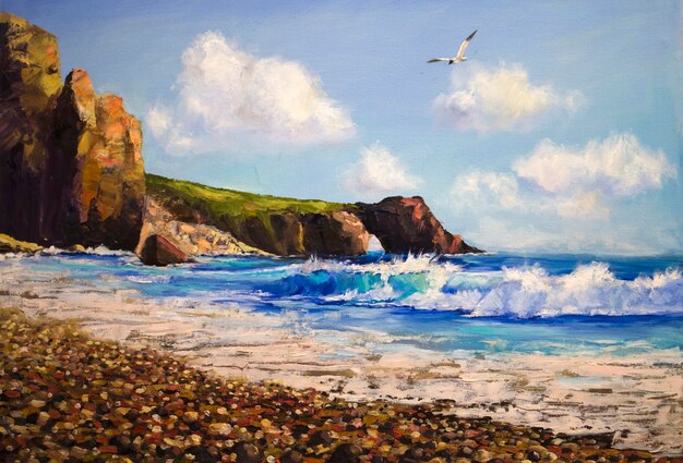 Foto pintura a óleo em lona paisagem marinha com gaivota