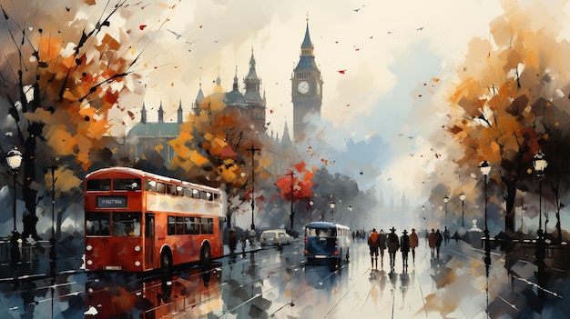 pintura a óleo em lona vista de rua de Londres obra de arte Big Ben casal e guarda-chuva vermelho