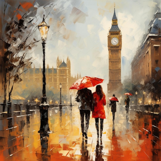 pintura a óleo em tela rua de Paris obra de arte Big Ben homem e mulher sob um guarda-chuva vermelho