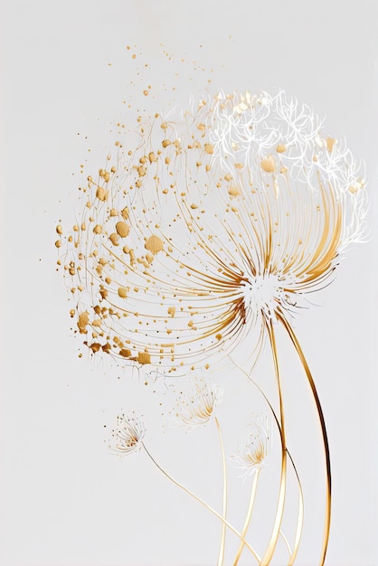 Pintura a óleo floral de luxo Dente-de-leão dourado sobre fundo branco Generative AI