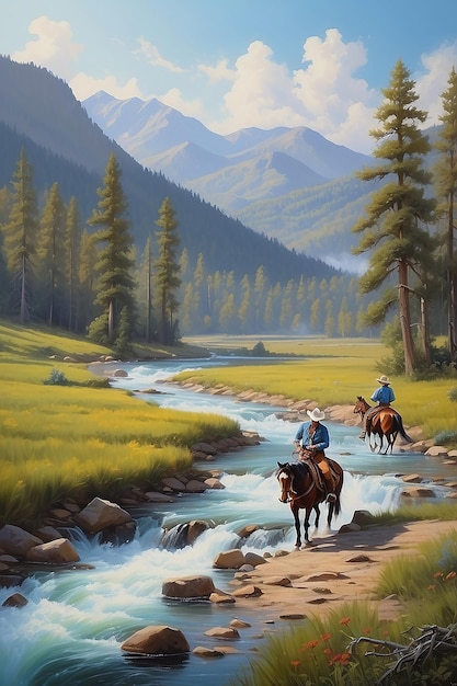 Pintura a óleo imagem artística de uma paisagem imagem de Tennessee montanhas cowboys e estilo ocidental com um rio e cavalos
