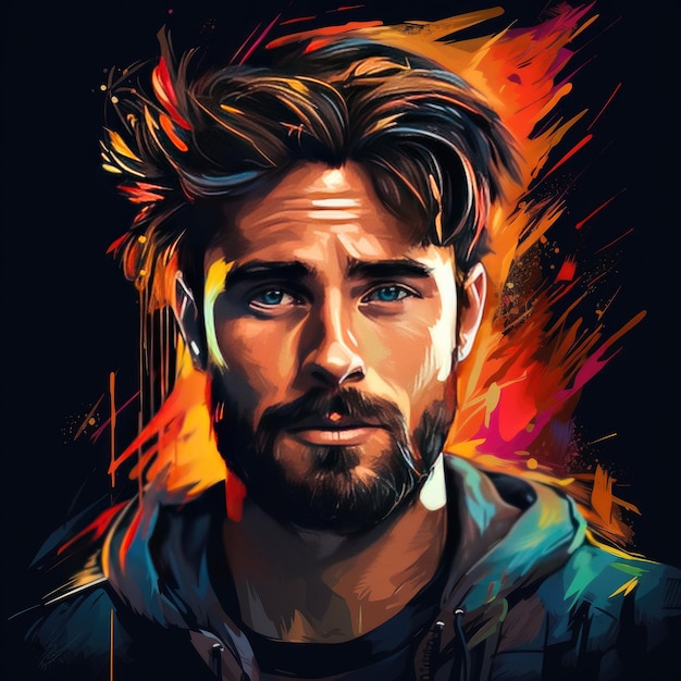 Pintura a óleo japonesa vibrante Jovem homem bonito com barba em uma camiseta 8K Wide View Illustrati