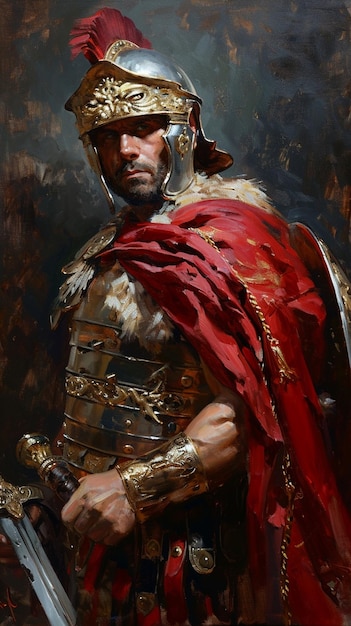 Pintura a óleo muito realista de um pretoriano romano