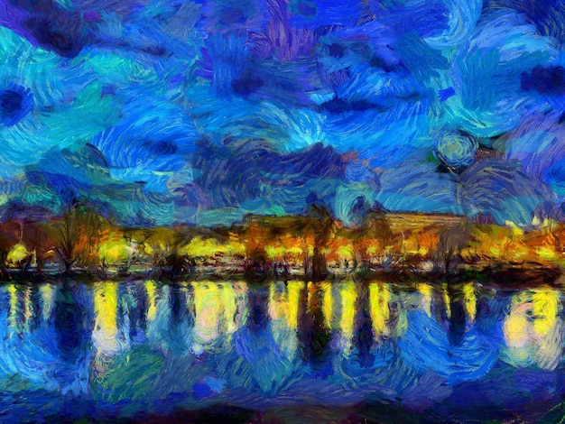 Pintura a óleo Paisagem urbana Arte digital moderna Impressionismo técnica imitação do estilo de Vincent van Gogh