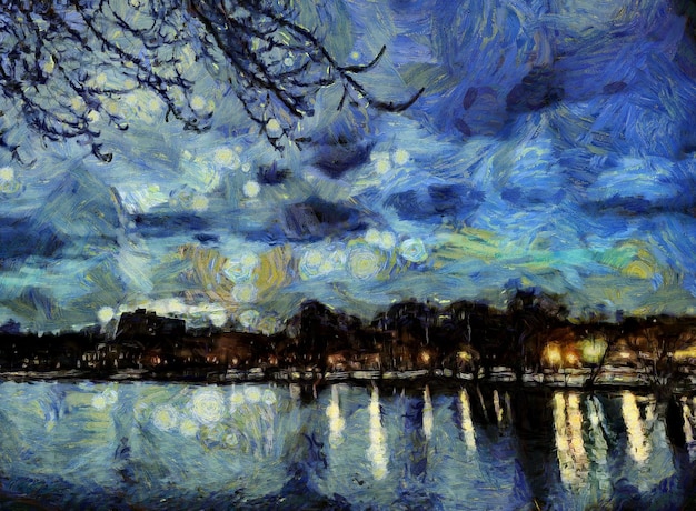 Pintura a óleo paisagem urbana Arte digital moderna impressionismo técnica imitação do estilo de Vincent van Gogh