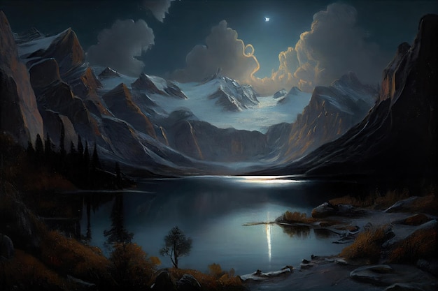 Pintura a óleo por Albert Bierstadt montanha rio alpino no meio Generative AI AIG15