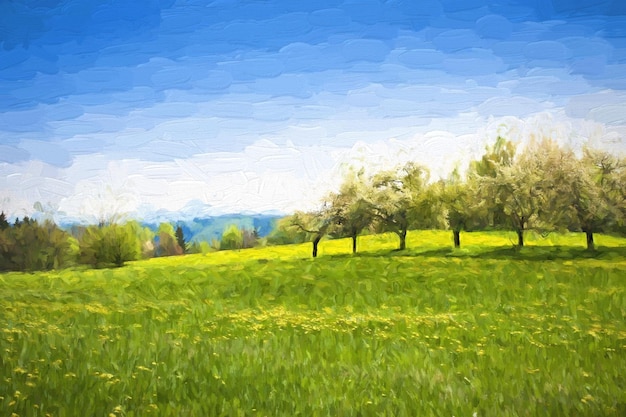 Pintura a óleo primavera paisagem prado verde e árvores frutíferas Pintura a óleo original sobre tela