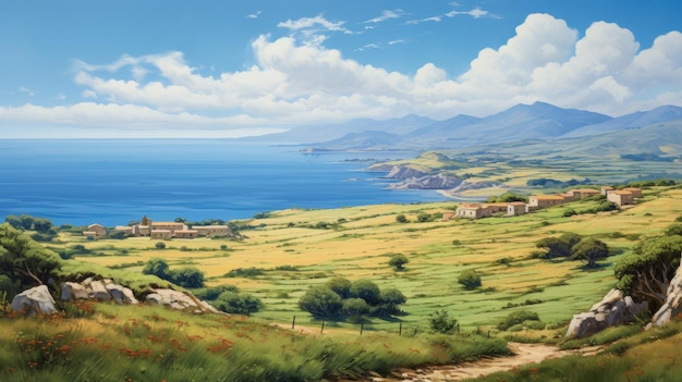 Pintura a óleo realista do litoral da ilha grega com vila agrícola