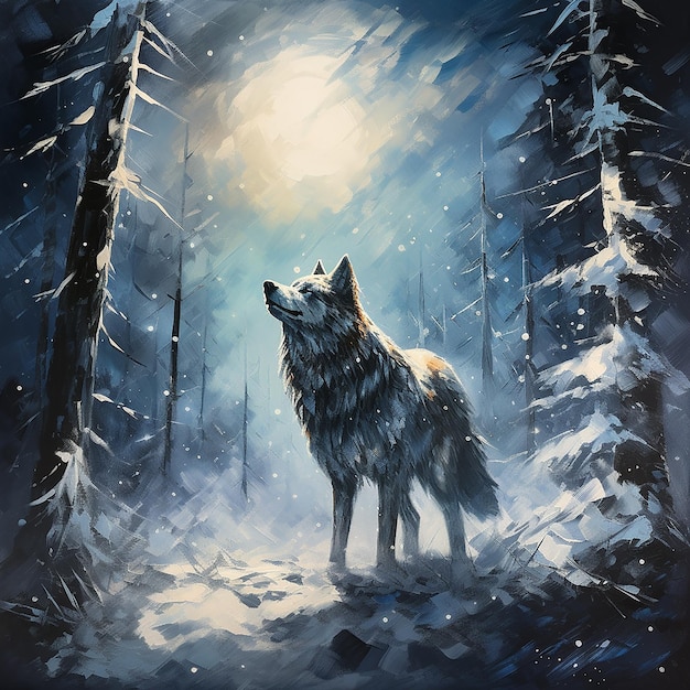 Pintura a óleo romântica de um lobo solitário em pé em um