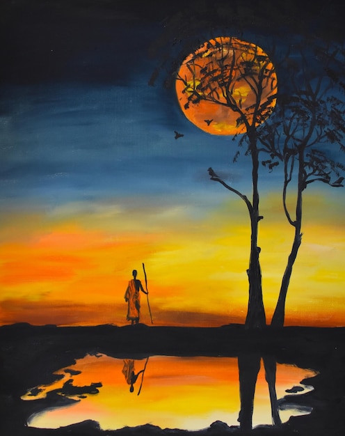 Pintura a óleo sobre tela ao pôr do sol da noite. a arte de pintar com tintas a óleo e pincéis. Pintura de interiores para casa