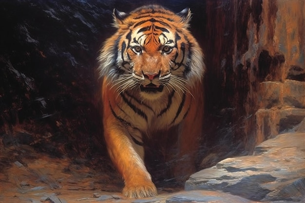Pintura a óleo sobre tela tigre na floresta