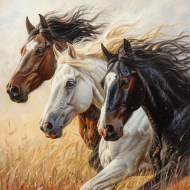 pintura a óleo suave de um cavalo árabe branco cavalo frisão preto cavalo palomino castanho