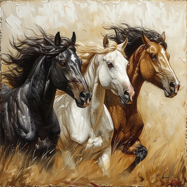 pintura a óleo suave de um cavalo árabe branco cavalo frisão preto cavalo palomino castanho