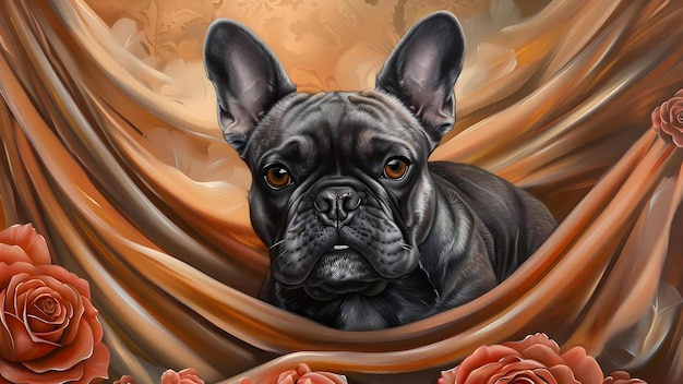 Foto pintura a óleo surreal de um bulldog francês falsificando marie antoinette conceito arte surreal pintura à óleo de bulldog francés falsificando maria antoinette