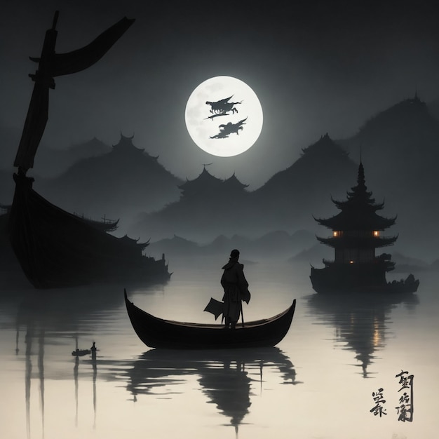 Pintura a tinta de uma paisagem nebulosa com um pescador em um barco no Japão minimalista oriental tradicional