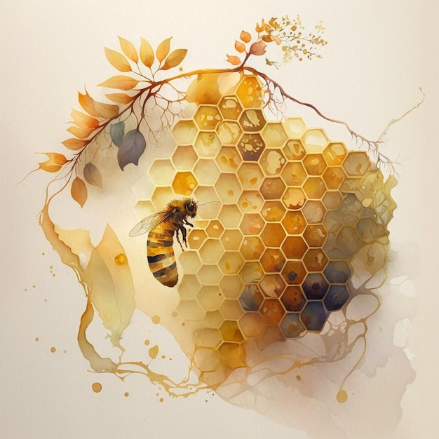 Una pintura de una abeja y una abeja con hojas y flores.