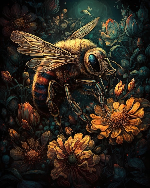 Una pintura de una abeja y flores.