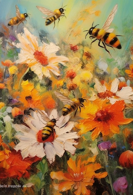 Una pintura de abejas en un campo de flores.