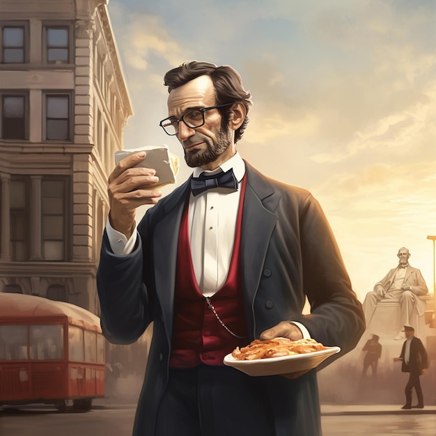 Una pintura de abraham lincoln sosteniendo un plato de pizza.