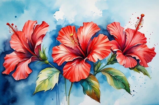 Foto pintura abstracta en acuarela de flor de hibisco roja sobre fondo de color azul pintada a mano en agua floral roja dibujo de pintura de flor en colores pastel dibujo de flor pintado