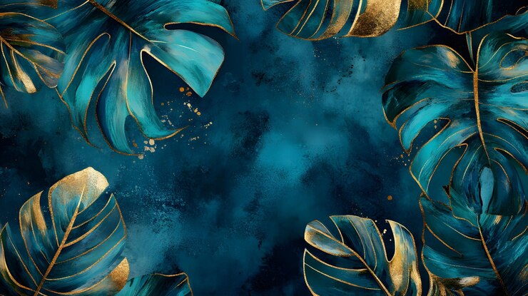 Pintura abstracta en acuarela con hojas tropicales y acentos dorados