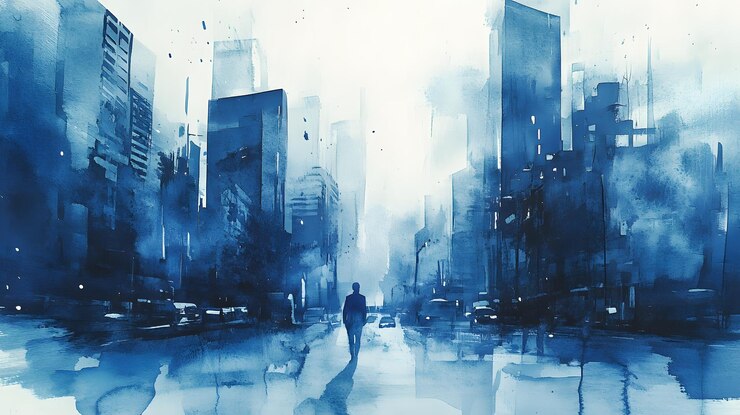 Pintura abstracta en acuarela de un paisaje urbano con una figura solitaria