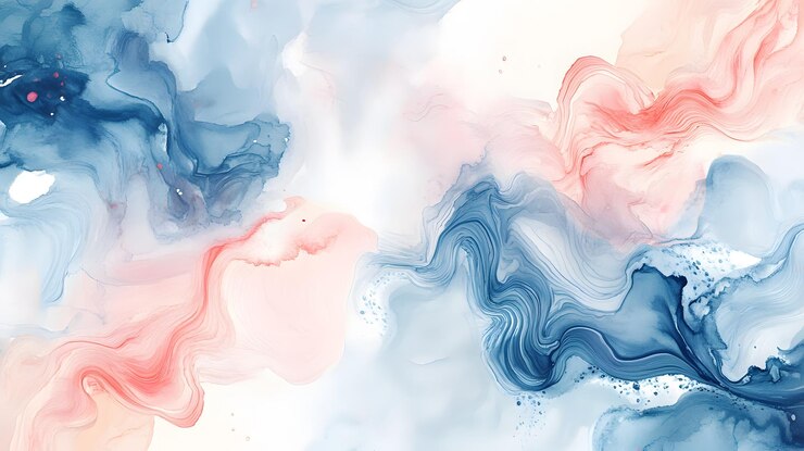Pintura abstracta en acuarela con remolinos azules y rosados