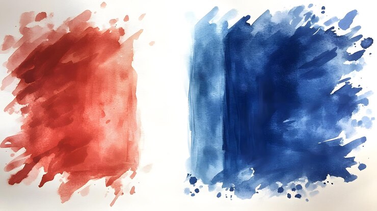 Pintura abstracta en acuarela con salpicaduras rojas, blancas y azules