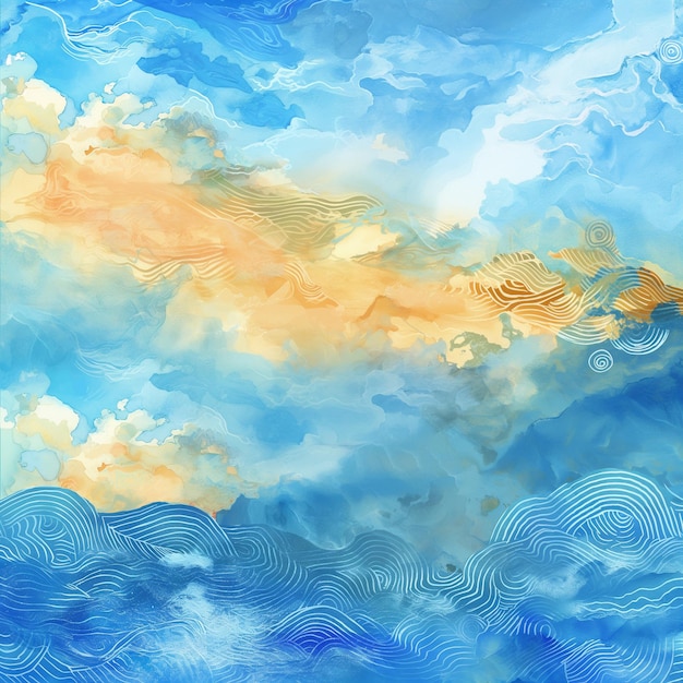 Foto pintura abstracta de acuarela simple con olas y nubes