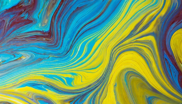 Pintura abstracta de azul brillante y amarillo Arte con textura grunge fluida líquida Olas pintadas de acrílico