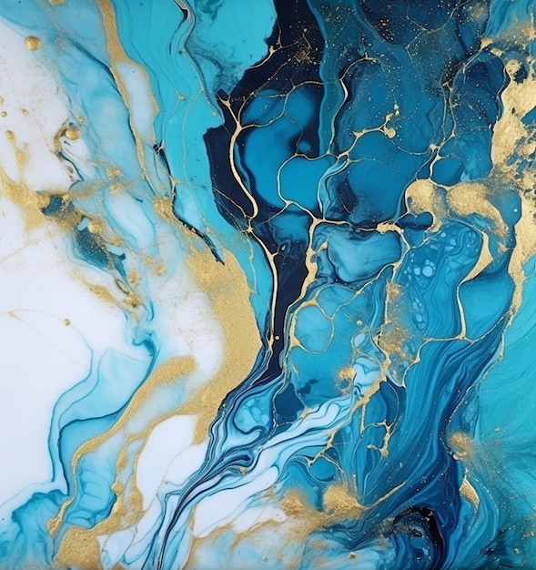 Una pintura abstracta azul y dorada de persona.