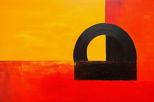 Una pintura abstracta con un círculo negro y un fondo rojo y amarillo.