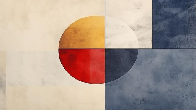 una pintura abstracta con un círculo rojo, amarillo y azul
