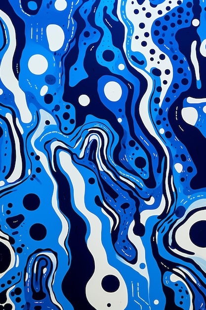 pintura abstracta de círculos azules y blancos sobre un fondo azul