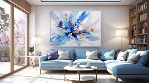 una pintura abstracta con colores azules y blancos en el fondo interior