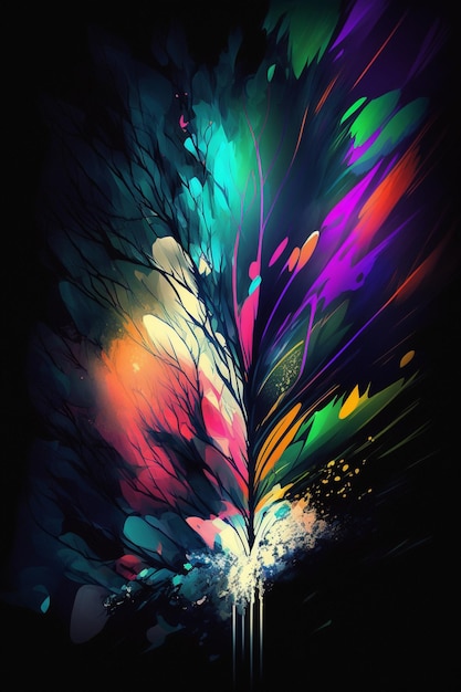 Pintura abstracta de colores brillantes de un árbol con pájaro en el ai generativo medio