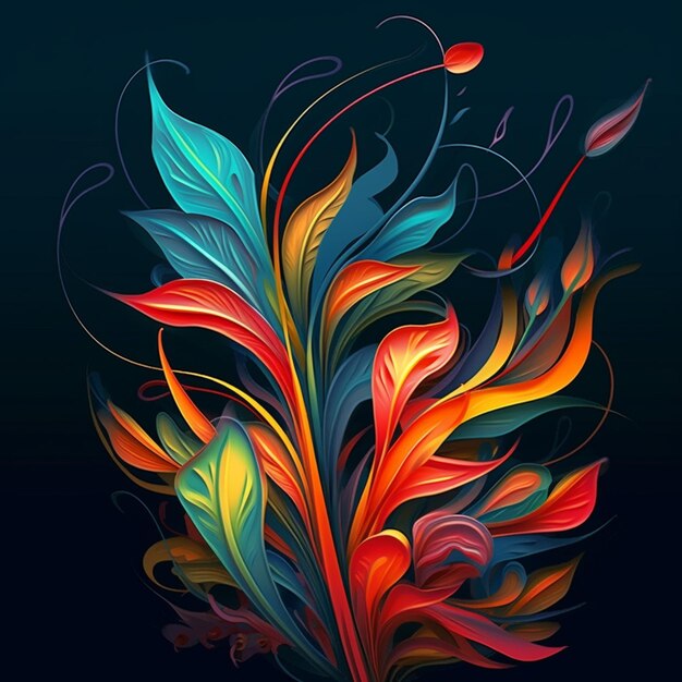 Pintura abstracta de colores brillantes de una planta con hojas y flores