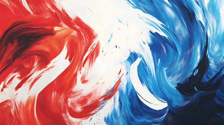 Pintura abstracta con colores rojos, azules y blancos giratorios