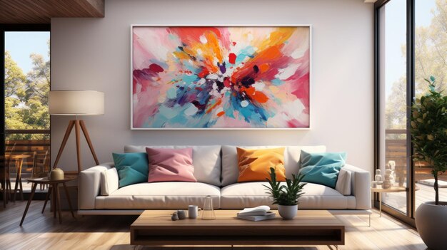 Foto pintura abstracta de colores vibrantes en una sala de estar moderna