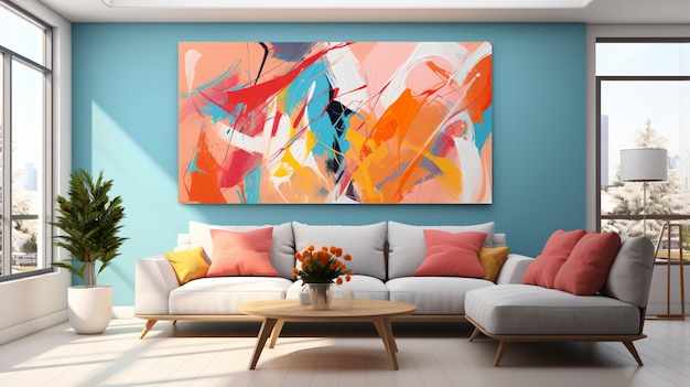 Pintura abstracta de colores vibrantes en una sala de estar moderna