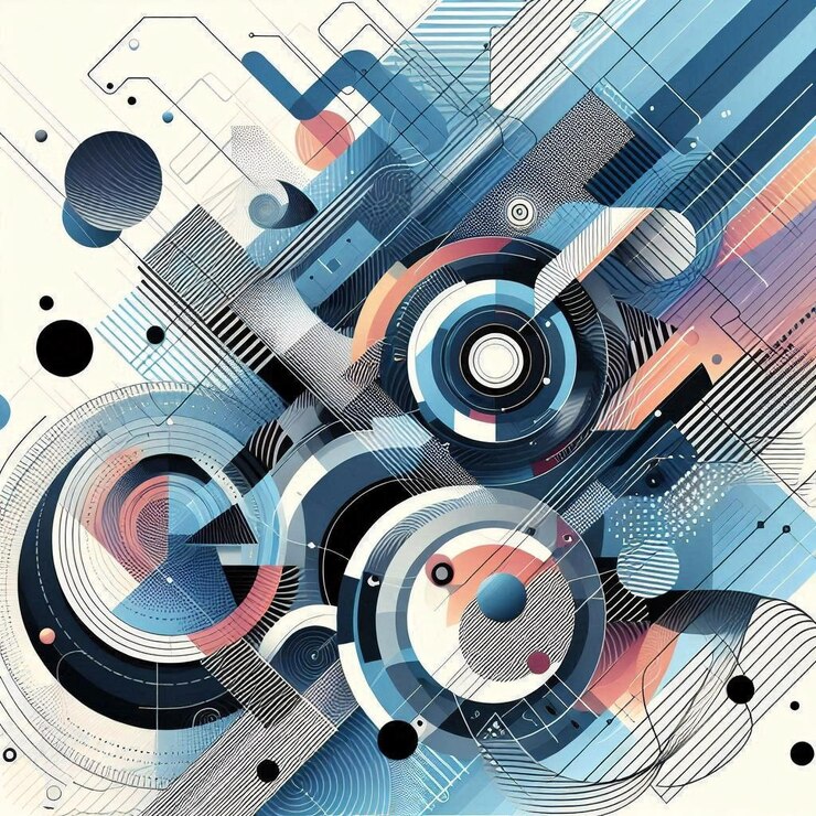 una pintura abstracta colorida de un avión con un fondo azul y rojo