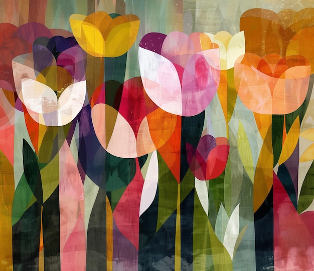 Una pintura abstracta colorida con capas superpuestas de tulipanes de varios colores y formas