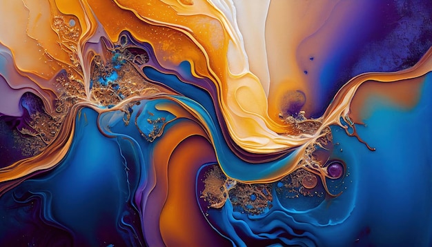 Una pintura abstracta colorida con un fondo azul y dorado.