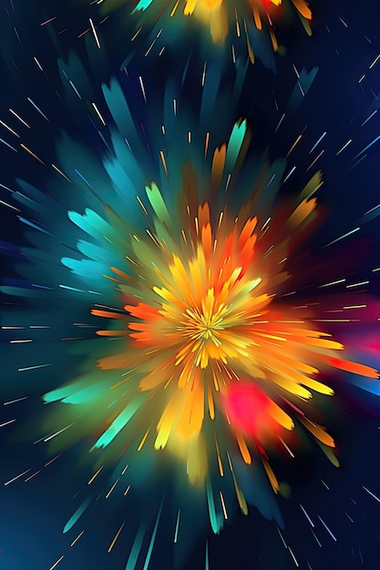 Una pintura abstracta colorida con un fondo azul y una estrella amarilla con la palabra fuego.