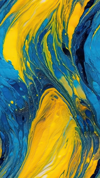 Una pintura abstracta colorida con remolinos líquidos azules y amarillos.